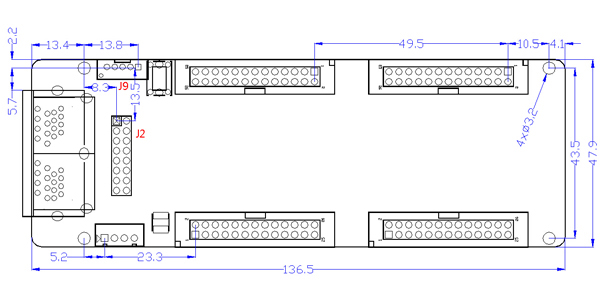 Novastar MRV410 EMC LED controller card connector interface and board outline drawing, 136.5 x 49.5 mm