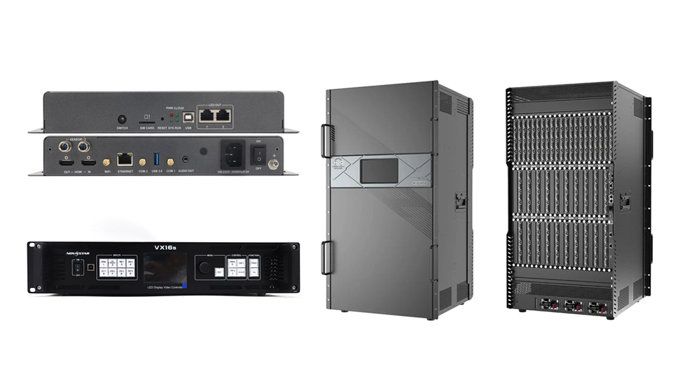 Set of professional AV/IT equipment: two wall‑mountable panels with connectors, a compact LED display controller, and two tall rack servers with multiple drive bays.