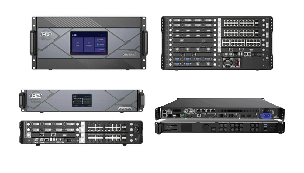 Four rack-mount network/server appliances with front panels, handles, and multiple ports.