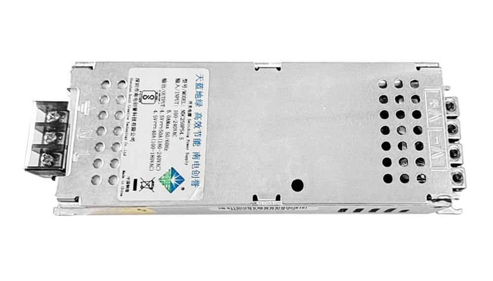 Metal rectangular switching power supply with a left-side screw-terminal block and right-side ventilation holes, used to convert AC to DC for electronics.