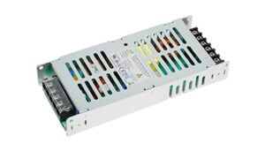 Switching power supply module with vented metal housing and a right-side terminal block for outputs