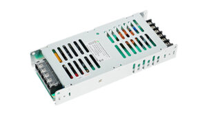 Metal enclosed switching power supply with vented cover and terminal block at the end for connections.