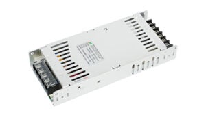 Metal DC power supply/driver with screw-terminal block on one end for wiring connections