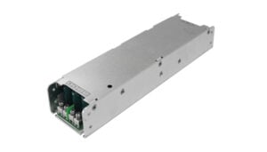 Rectangular metal power supply module with a visible circuit board and terminal block at the front end