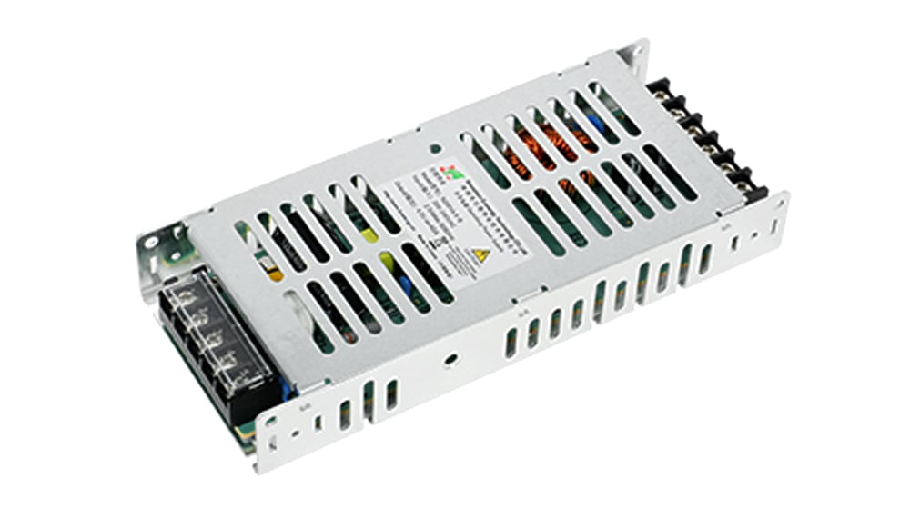 Metal enclosed switching power supply with vented casing and terminal block on one end.