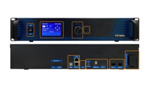 FOT2000 AV processor with front control panel (power switch, blue touchscreen, navigation knob) and rear I/O panel (USB, RS232, LAN, HDMI 2.0, DP1.2, audio, optical/ethernet ports).