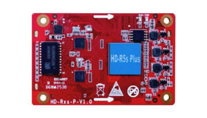 Red circuit board with a blue HD-R5s Plus module and multiple chips and components.