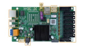 Green development motherboard with a large central heatsink, USB ports on the left, and a row of expansion connectors on the right.