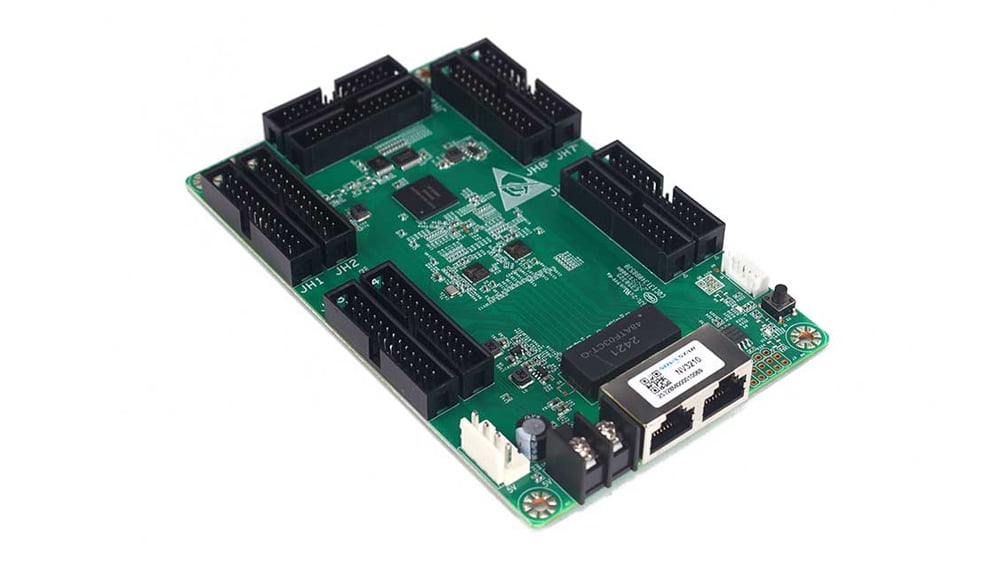 NV3210 1 - LED Controller Card Store for LED Display Module, LED Display Parts Green development board featuring multiple 40-pin header connectors around the edges and an Ethernet port, with USB and power components visible.