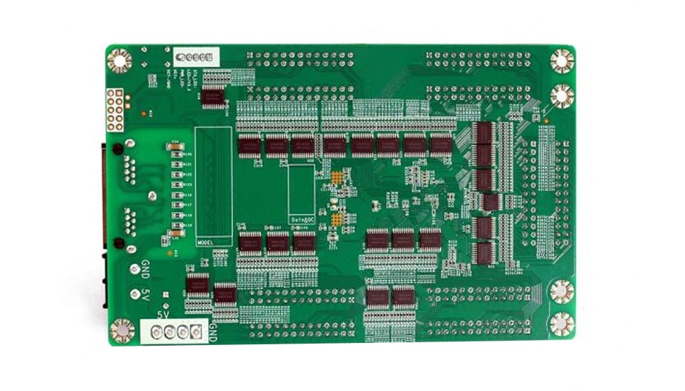 NV3210 2 - LED Controller Card Store for LED Display Module, LED Display Parts Top-down view of a green development PCB filled with connectors, sockets, and numerous surface-mount components on a white background