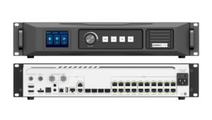 Front and rear view of a 1U rack-mount network appliance: front panel has a small display, a large “adjust” dial, and control buttons; rear panel shows many Ethernet ports and a power inlet, indicating a managed switch or network server.