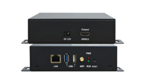 Two-part network appliance with a power input and HDMI output on the top unit, plus LAN, USB ports, Wi‑Fi, and status LEDs on the bottom unit