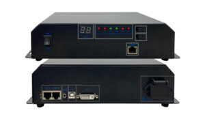 Two black rack-mounted network/embedded units stacked, showing front and rear panels with power switch, LED indicators, LAN port, and multiple I/O ports (Port1/Port2, Audio, USB, DVI).