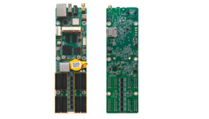 Two vertical green printed circuit boards with numerous integrated circuits, edge connectors, and mounting screws, shown from front and back in a side-by-side layout.