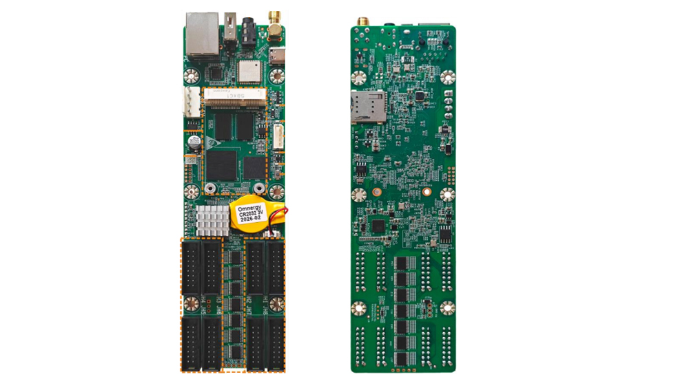 TCC80 1 - LED Controller Card Store for LED Display Module, LED Display Parts Two vertical green printed circuit boards with numerous integrated circuits, edge connectors, and mounting screws, shown from front and back in a side-by-side layout.