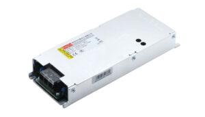 Metal enclosure AC-DC power supply with labels and exposed end showing circuitry at one side