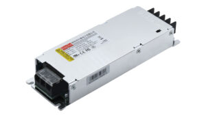 Metal industrial DC power supply with front terminal block and heat sink lines on the back.