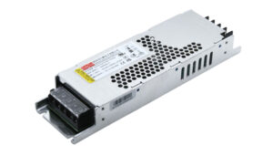Metal rectangular switching power supply with a terminal block and ventilation holes on top.
