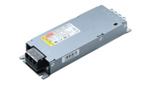 Grey metal DC power supply module with screw-terminal block on one end and mounting flanges for DIN rail/panel mounting