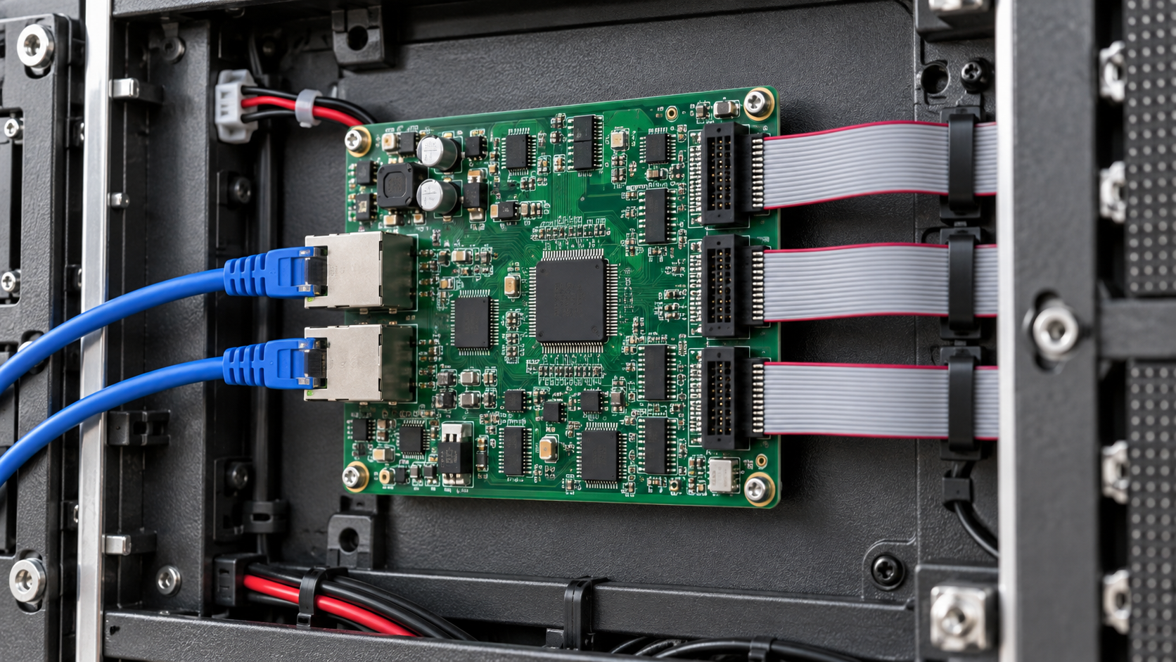 LED receiving card mounted inside a display cabinet