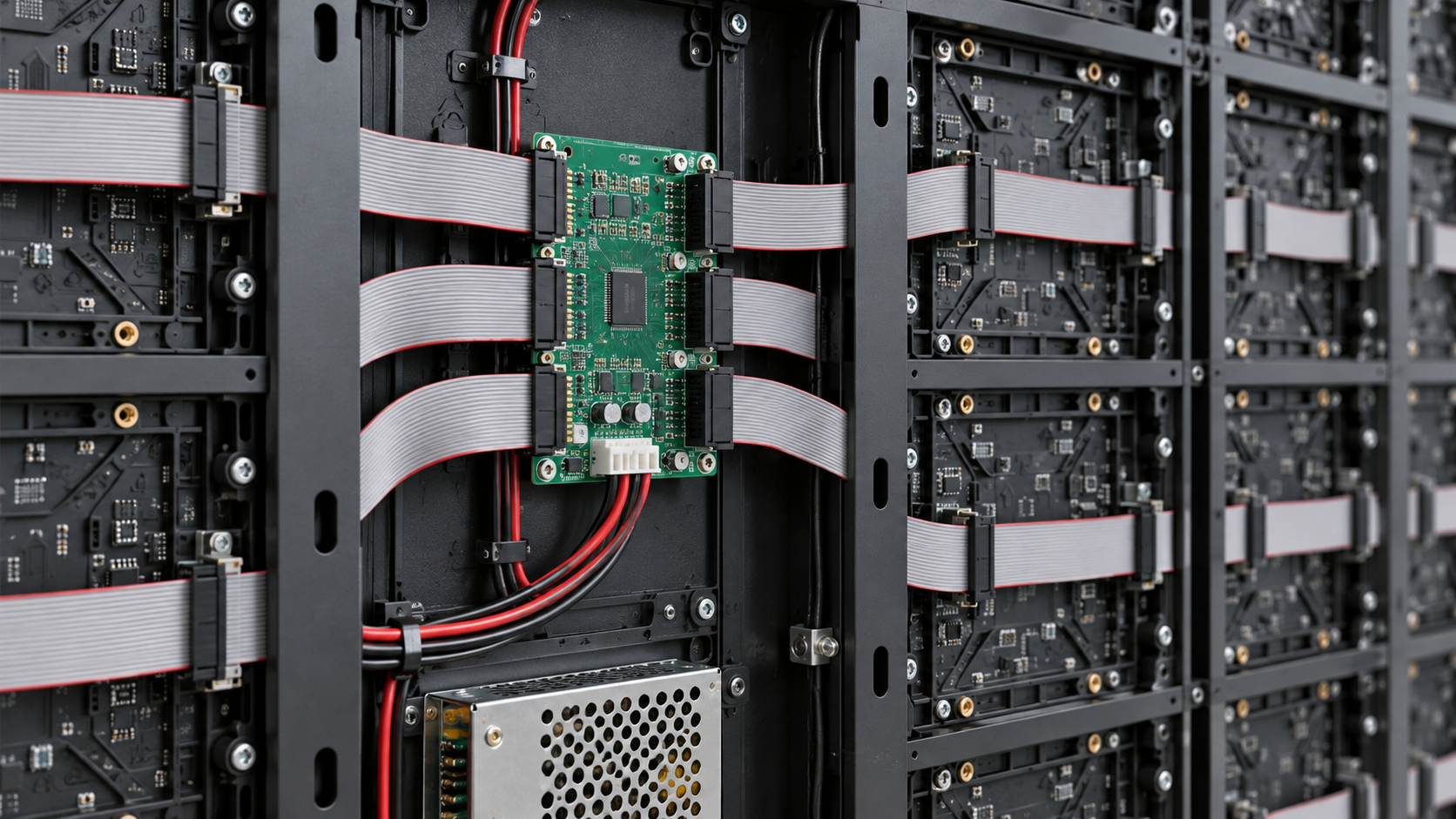 Hub board and ribbon cables connecting a receiving card to LED modules