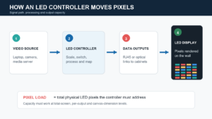 Choose a NovaStar LED Controller - LED Controller Card Store for LED Display Module, LED Display Parts - LED Controller Card Store for LED Display Module, LED Display Parts Diagram of pixel flow: video source to LED controller to data outputs to LED display on wall, showing signal path and capacity notes.