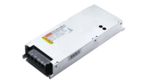 Metal power-supply module with a black multi-pin connector at the front, used in electronic equipment.