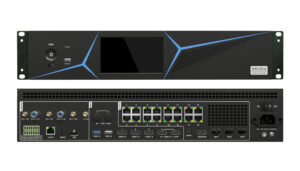 Front and back view of a rack-mount HD-H16 display controller: touchscreen panel on the front, network ports and power input on the rear.