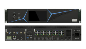 Rack-mount HD‑H20 video controller with a central touchscreen on the front panel and blue geometric accents in a dark chassis, 1U form factor.