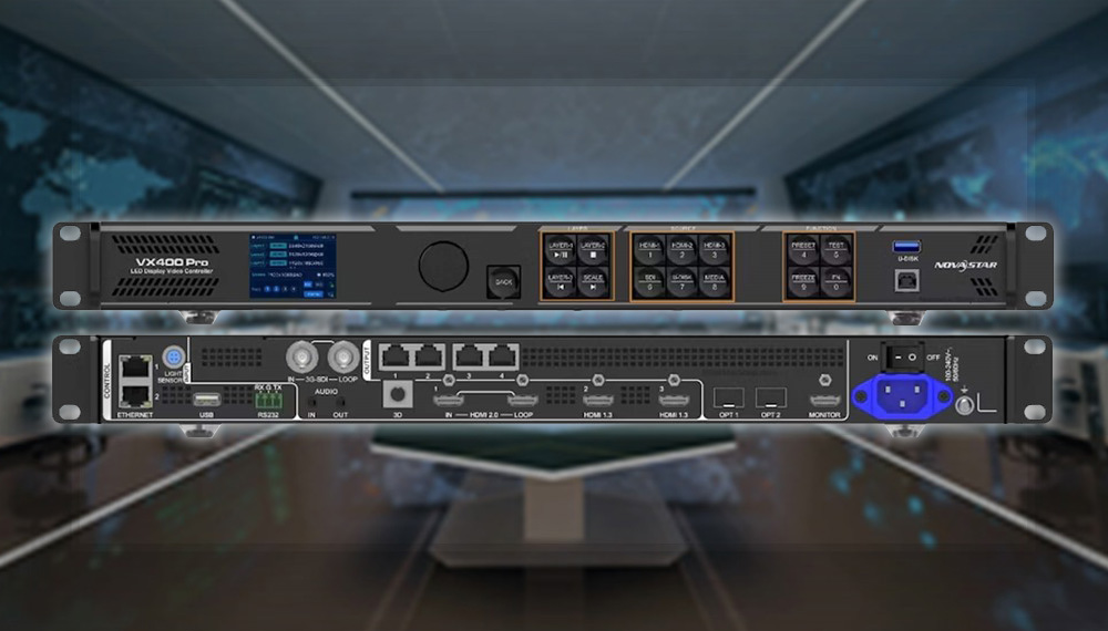 VX400 Pro AV video processor rack unit, front with LCD and control panel, rear with Ethernet, USB, RS-232, and power connectors.