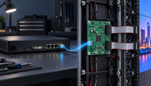 Sending Card vs Receiving Card - LED Controller Card Store for LED Display Module, LED Display Parts - LED Controller Card Store for LED Display Module, LED Display Parts Front view of a server rack with a green circuit-board card connected by a blue fiber optic cable to a black server chassis in a data center montage.
