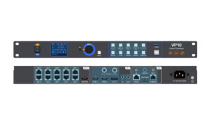 VP10 Video Processor rack-mount panel showing front controls (switch, blue screen, dial) and rear I/O panel with HDMI, USB, Ethernet, and power input