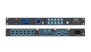 Two-view image of a VP12 video processor: front panel with power switch, display, dial, and USB ports plus a rear panel with multiple inputs/outputs, HDMI, Ethernet, and power.