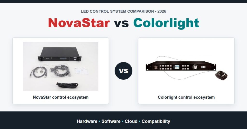 Comparison image: NovaStar vs Colorlight LED control systems with rackmount units and a VS badge between them