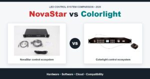 Comparison image: NovaStar vs Colorlight LED control systems with rackmount units and a VS badge between them