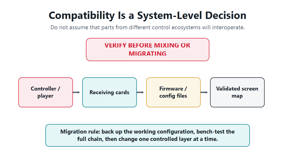 Compatibility checklist for controller, receiving cards, firmware, configuration files and LED screen map