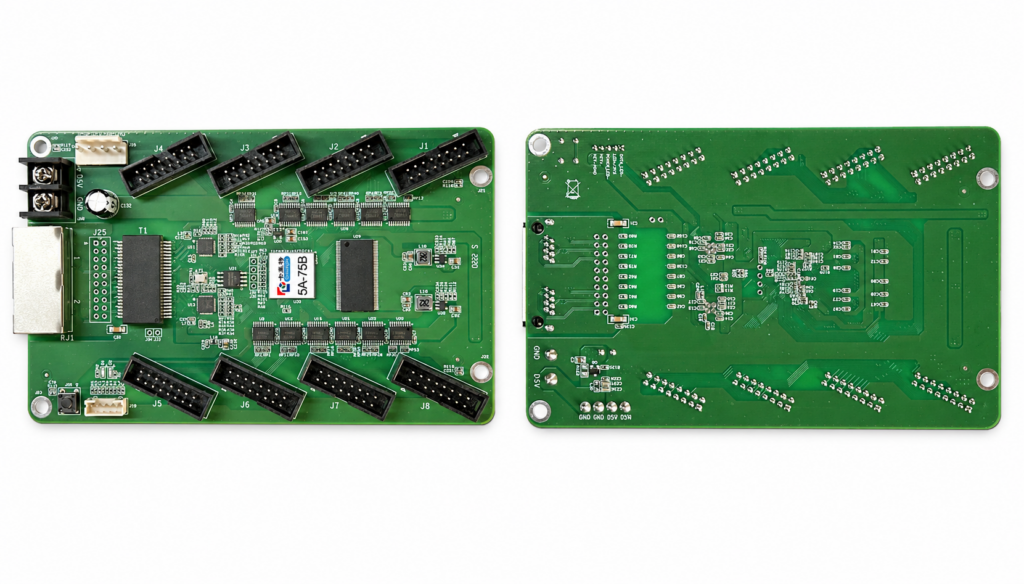 Front and back views of a green PCB assembly with multiple black connector headers (J1–J8), a USB port, and power terminals; back shows dense solder pads and traces.