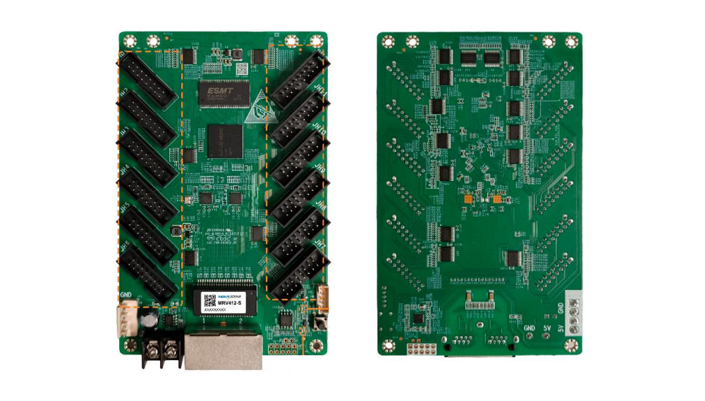 MRV412-S 1 - LED Controller Card Store for LED Display Module, LED Display Parts Two green PCBs shown front and back, densely populated with many edge connectors and ICs, plus USB/power terminals at the bottom on the front side.