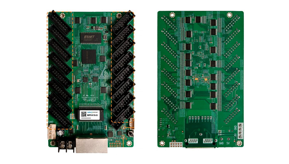 MRV416-S 1 - LED Controller Card Store for LED Display Module, LED Display Parts Two green PCBs laid side by side with many header pins; left board shows a USB port and power terminals, right board backsides with solder pads.