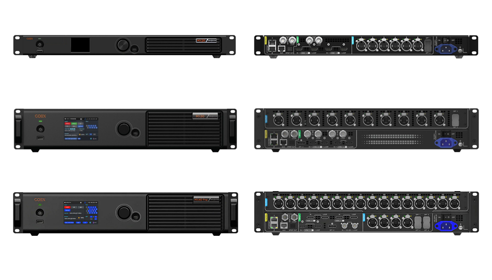 Front and back views of six COEX rack-mount audio units for professional sound systems. Front panels show displays, knobs, and ventilation on the amplifiers; back panels reveal XLR, power, and control connectors.