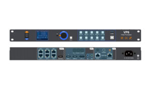 Front and back views of a VP6 video processor rack unit, showing power switch, control knobs, LED panels, and multiple input/output ports on the front and rear panels.