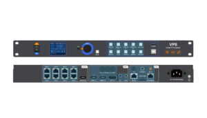 VP8 Video Processor rackmount with front controls and rear I/O panels, showing power switch, dial, and LED indicators.