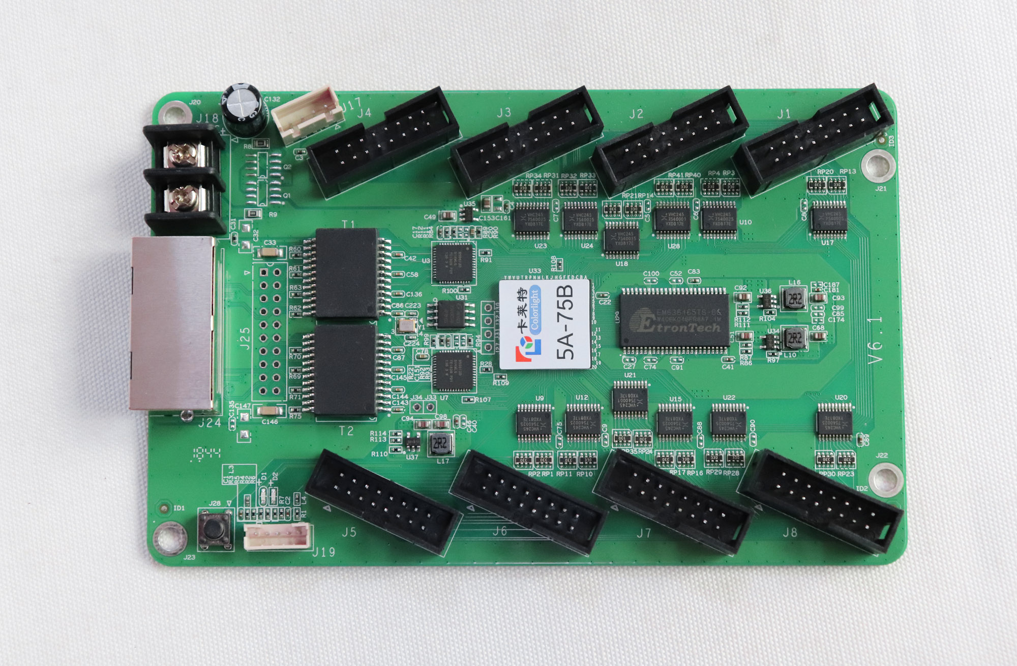 Front view of a 5A-75B with eight HUB75 headers and power connectors.