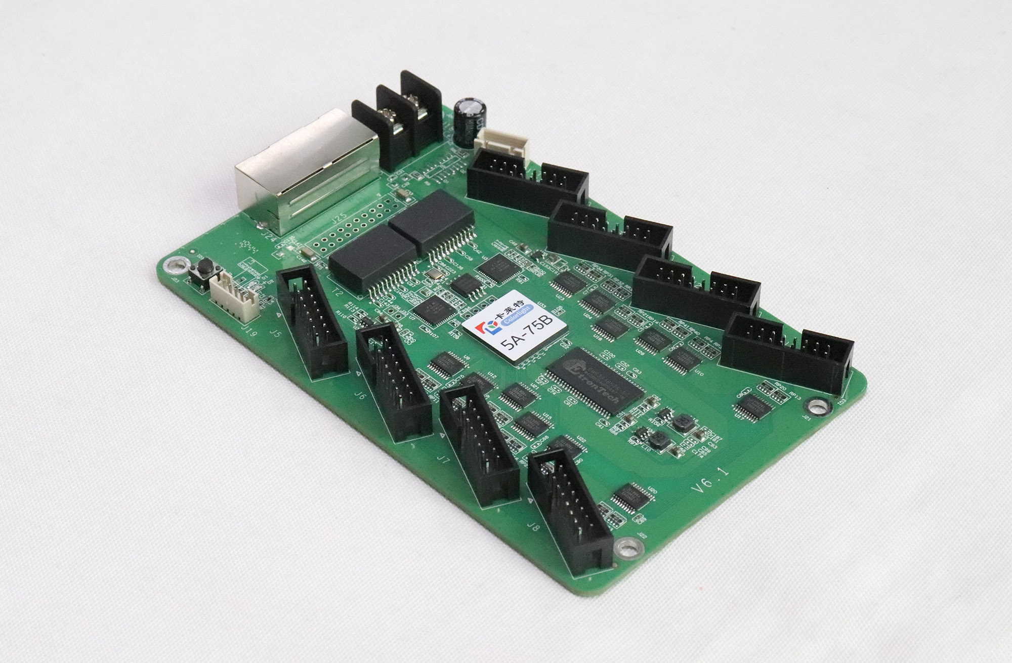 Angled photograph of a Colorlight 5A-75B V6.1 receiving card.