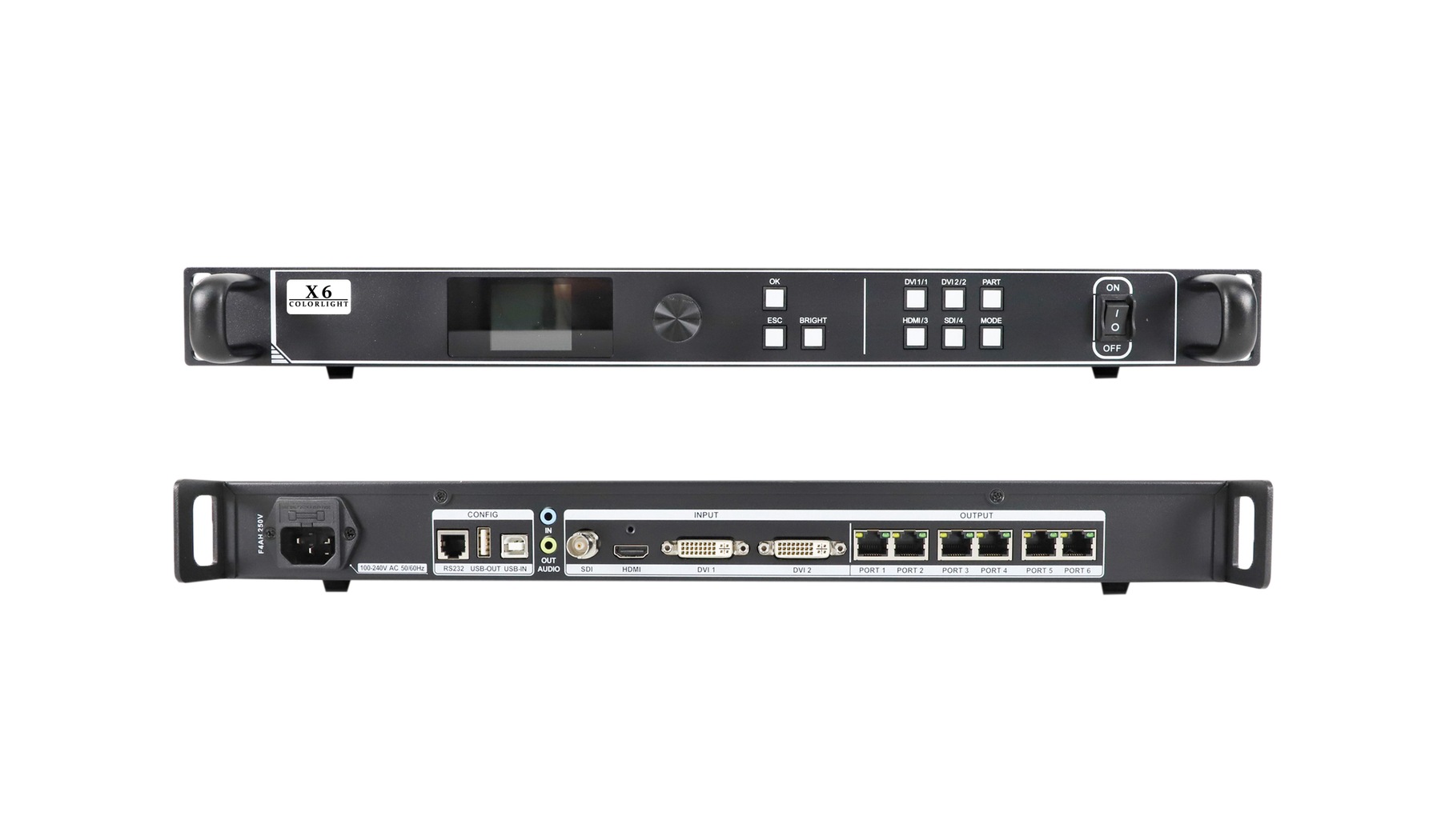 Colorlight X6 Controller Front and Rear Ports - LED Controller Card Store for LED Display Module, LED Display Parts Front and rear photographs of the Colorlight X6 with HDMI DVI SDI USB and six numbered Ethernet outputs