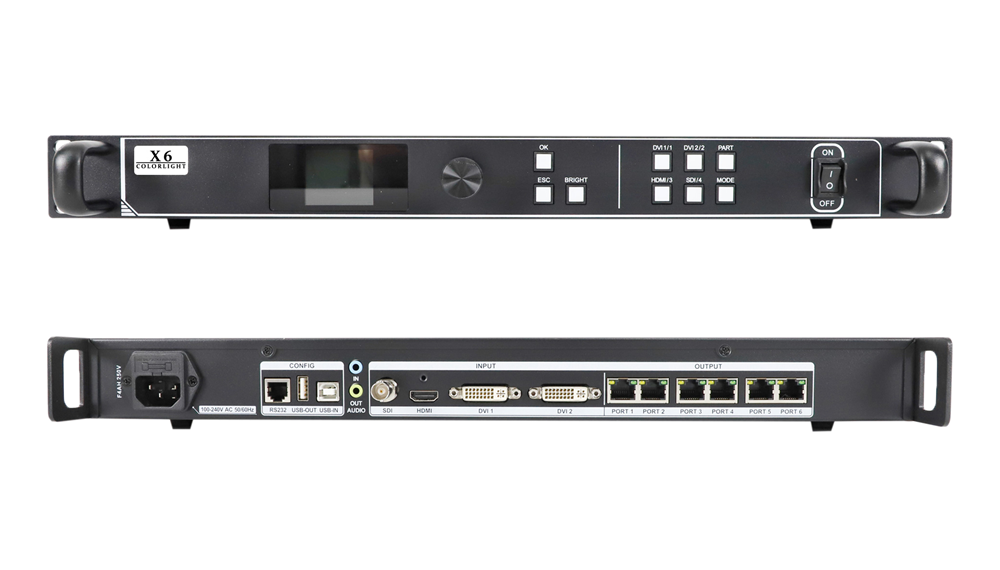 Colorlight X6 controller front and rear panels showing controls and connection ports