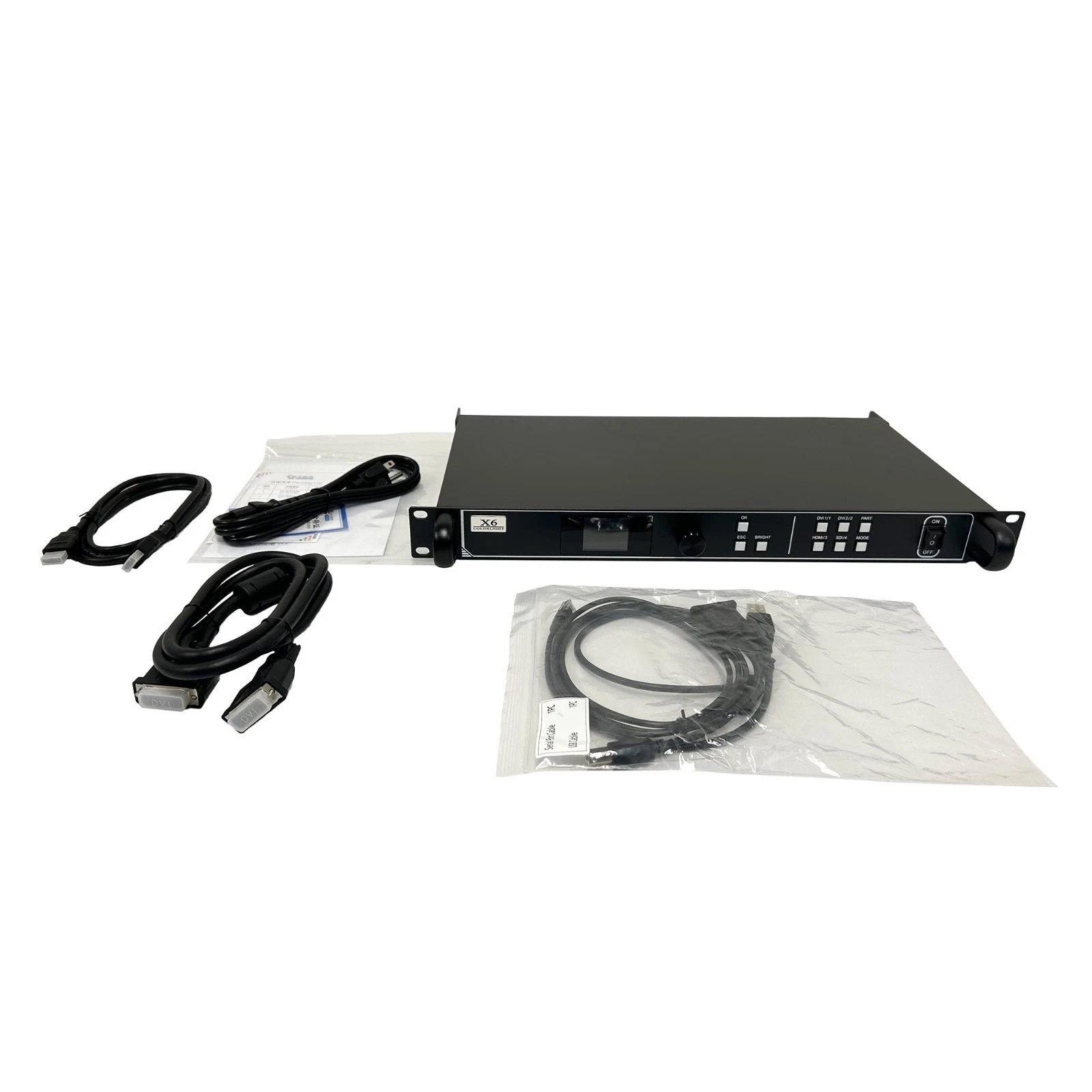 Colorlight X6 Controller Setup Cables - LED Controller Card Store for LED Display Module, LED Display Parts Genuine Colorlight X6 controller with HDMI DVI USB and other connection cables laid out beside it